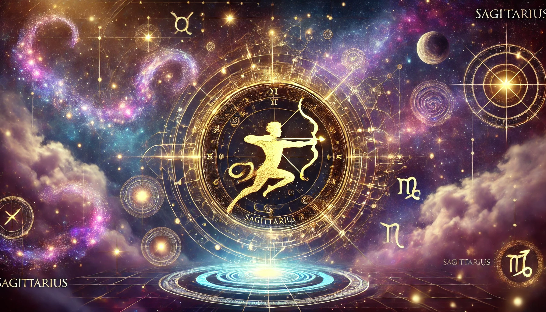 A cosmic and mystical digital artwork featuring Sagittarius as the central zodiac sign, illuminated by glowing constellations, swirling galaxies, and a futuristic holographic astrological chart. The Sagittarius symbol is prominently displayed, representing adventure, wisdom, and a free-spirited nature. The background blends deep purples, blues, and cosmic gold, enhancing the celestial and astrological theme. This Sagittarius-themed horoscope image reflects the sign's optimism, love for exploration, and philosophical mindset, aligning with its astrological influences.